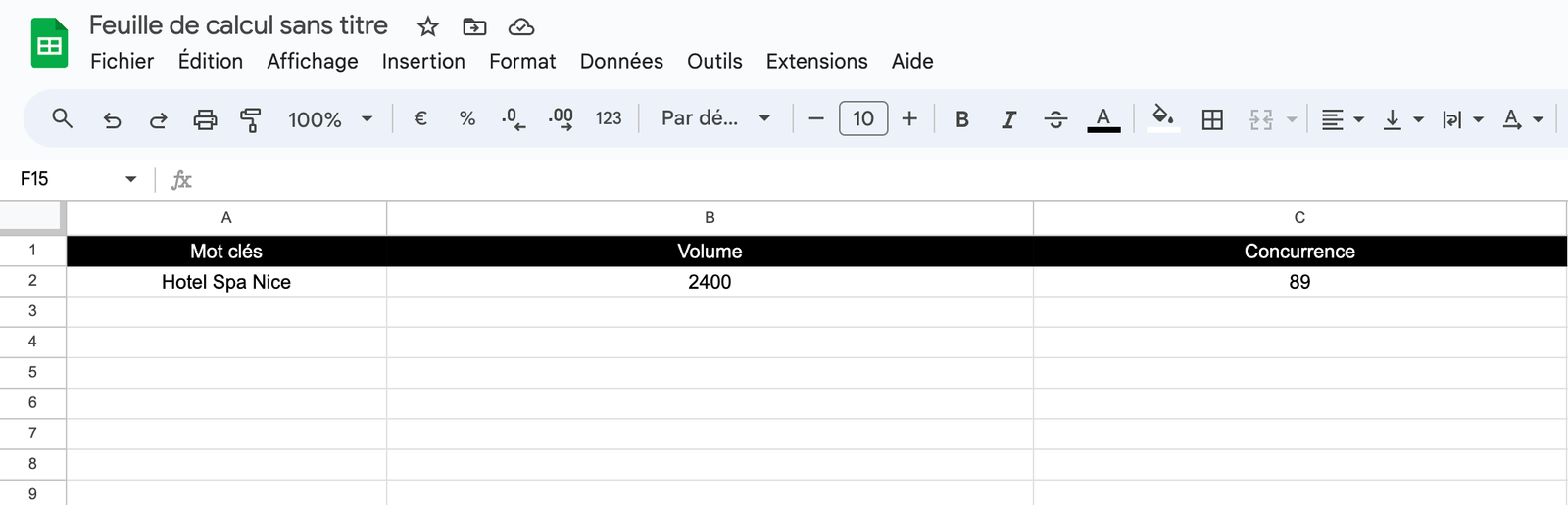 fichier excel à 3 colonnes pour recherche de mots-clés